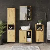 A modern bathroom vanity set with a tall cabinet, a sink cabinet, and a side cabinet against a dark tiled wall. Podgląd zdjęcia produktu