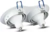 A white recessed LED spotlight with two bulb holders, shown from a low angle with springs and clips visible. Voir les images du produit