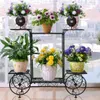 A multi-tiered black metal plant stand with various potted plants displayed on its shelves, placed in front of a window with a view of buildings and a body of water. Produktbild-Vorschau