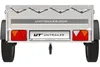 Rear view of a small utility trailer with a gray tarp, on a white background. Náhled obrázku produktu