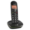 A black cordless phone with a green accent sits on its charging base against a white background. Produktbild-Vorschau