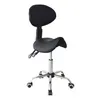 A black saddle stool with a backrest and wheels on a white background.