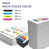 Marketing image showing printer ink cartridges and stacks of printed documents. Produktbild-Vorschau