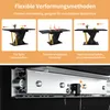 Diagrams showing how to extend and retract a table, with a close-up of the table slide mechanism. Produktbild-Vorschau