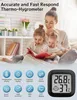 A mother is reading a book to her two children in a cozy indoor setting, with a digital thermo-hygrometer prominently displayed. The image also features icons representing the product's features. Produktbild-Vorschau