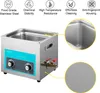 A stainless steel ultrasonic cleaner with control knobs and a drain valve, shown with close-up views of its interior and textured surface. Voir les images du produit