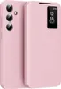 A pink flip case for a smartphone is shown with the cover open, revealing a small display window showing the time and date. Náhled obrázku produktu