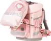 A pink school backpack with a matching drawstring bag attached. Voir les images du produit
