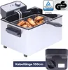 A deep fryer filled with fried chicken wings, shown from a slightly elevated front-left angle. A separate image of the back of the unit is shown in the bottom right corner. Produktbild-Vorschau