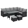 A black rattan garden lounge set with gray cushions and a glass-topped table, shown on a white background. Produktbild-Vorschau