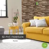 A living room scene with a yellow sofa, a small yellow side table with a plant, and a wall with wood-look panels. Produktbild-Vorschau