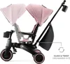A pink and black Kinderkraft Jazz 2 foldable trike-trike with two seat positions shown. Voir les images du produit