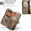 A brown wallet case for a smartphone is shown open, displaying card slots and a zipper pocket. Text overlays describe its dual functionality. Produktbild-Vorschau