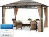 A gazebo with a table and chairs set up underneath, with curtains drawn. Podgląd zdjęcia produktu