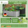 Marketing image for raised garden beds, showing two beds with plants, and promotional text and logos. Produktbild-Vorschau