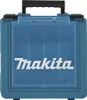 A teal colored tool case with a black handle and a transparent blue lid. The Makita logo is prominently displayed in white on the lid. Podgląd zdjęcia produktu