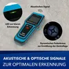 A digital wall scanner is shown on a textured surface, with callouts highlighting its features and a dark blue banner at the bottom with text. Anteprima dell’immagine prodotto