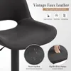 Close-up of a black faux leather bar stool with marketing text and icons highlighting its features. Produktbild-Vorschau