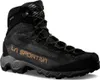 Schwarzer La Sportiva Aequilibrium Hike GTX Schuh mit orangefarbenem Schriftzug und grauer Profilsohle Produktbild-Vorschau