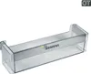 A clear, studio shot of a transparent refrigerator shelf with a gray metallic trim. Produktbild-Vorschau
