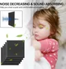 A sleeping child next to a stack of acoustic panels, with graphics illustrating sound absorption. Produktbild-Vorschau
