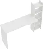 A white desk with an attached shelving unit, shown from a high angle. Voir les images du produit
