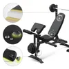 A black adjustable weight bench with various attachments and weights, shown with close-up diagrams highlighting material features. Náhľad obrázku produktu
