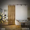 Interior dining and kitchen scene with wooden partition, track lighting, and furniture. Produktbild-Vorschau