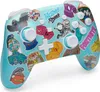 A close-up view of a light blue Nintendo Switch controller adorned with various Fortnite-themed stickers. Produktbild-Vorschau