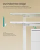 Close-up of a white electric standing desk with text overlays explaining its features. Produktbild-Vorschau