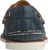 The back view of a blue leather boat shoe. Voir les images du produit