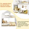 A split image showing a bunk bed with a playhouse-like design on the top level and two beds on the bottom level. The top level features a desk and play area, while the bottom level shows two beds with bedding and pillows. Text overlays describe the product Anteprima dell’immagine prodotto