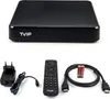A black TVIP S-Box v.706 4K UHD Android 11 IP-Receiver with its accessories laid out on a white background. Podgląd zdjęcia produktu