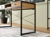 Close-up of a desk with wooden top and black metal frame, showing the legs and drawers. Podgląd zdjęcia produktu