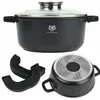A black pot with a glass lid and a separate view of the pot's bottom and two black silicone handles. Produktbild-Vorschau