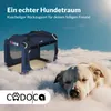 A dog carrier is shown in the clouds with a sleeping dog nearby, suggesting comfort and a dream-like experience. Produktbild-Vorschau