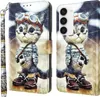A collage showing a flip phone case with a cute cat illustration on both the front and back. Produktbild-Vorschau