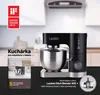 A black and silver kitchen mixer is shown in a promotional image. The image includes award logos and text advertising the product and a recipe book. Náhľad obrázku produktu