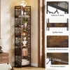 A tall, narrow corner bookshelf with decorative metal sides and wooden shelves, filled with various decorative items and books. The image also includes close-up shots highlighting the product's features. Podgląd zdjęcia produktu