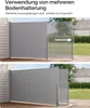 Two images showing a retractable side awning being extended and retracted, with text overlays describing its use. Produktbild-Vorschau