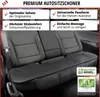A car seat cover is shown on the back seats of a car, with marketing text and a quality seal overlay. Produktbild-Vorschau