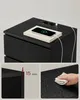 A collage of images showing a black nightstand with a phone charging on top, and details of its construction and durability. Produktbild-Vorschau