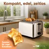 A kitchen counter scene featuring a toaster with toast, and text overlays. Produktbild-Vorschau