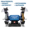A blue Scheppach bench grinder with a grinding wheel on the left and a wire brush on the right, set against a white background. Text describing the wire brush's functions is present. Produktbild-Vorschau