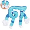A blue plush toy with white and light blue accents, shaped like a stylized number 6, is displayed against a white background. A small inset image shows a hand holding the toy's feet. Produktbild-Vorschau