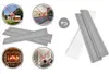 The image shows several circular images with red 'X' marks, indicating places where the product should not be used, and a pile of the product's panels. Anteprima dell’immagine prodotto