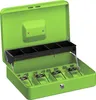 An open green metal cash box with a black insert for coins and bills. Náhled obrázku produktu