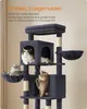 A multi-level cat tree with several cats on it, with German text describing its features. Produktbild-Vorschau