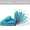 A blue sofa bed is shown in multiple reclining positions, with angles indicated by degrees. Produktbild-Vorschau