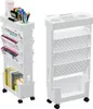 Two white rolling storage carts are shown against a white background. The cart on the left is filled with books and magazines, while the cart on the right is empty. Produktbild-Vorschau